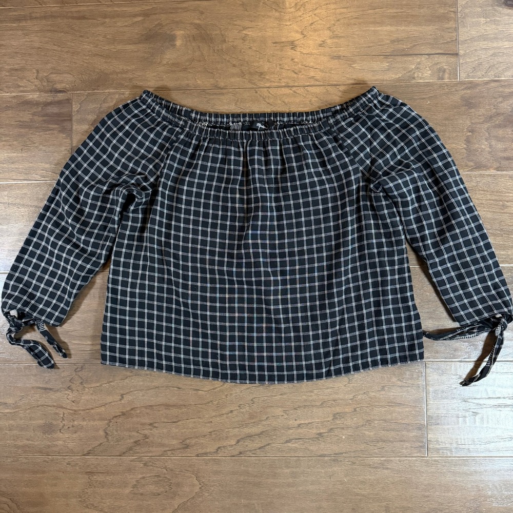 Madewell Black White Windowpane‎ Plaid Off Shoulder Tie Cuff Blouse F9281 Small